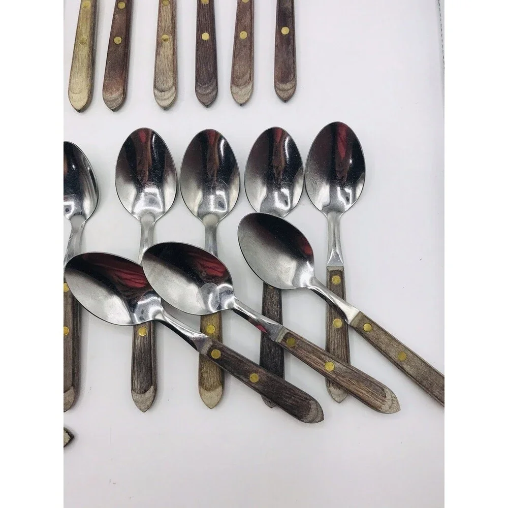 Town & Country USA Vintage Flatware Set 31 Pc Wood Handle Stainless Knives Forks